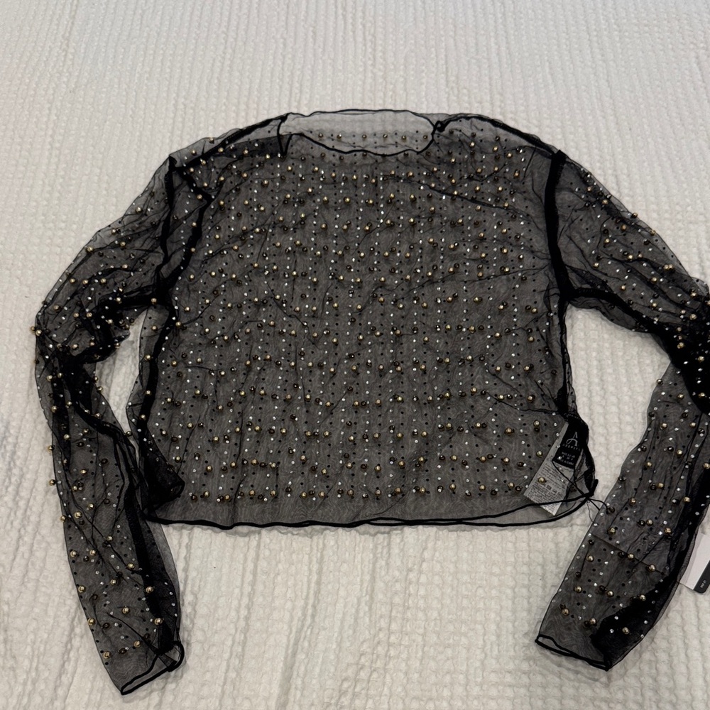 SHEIN Black Mesh Top with Gold Beads